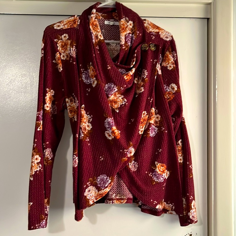 🍇double breasted cross body waffle knit sweater beautiful floral red size large